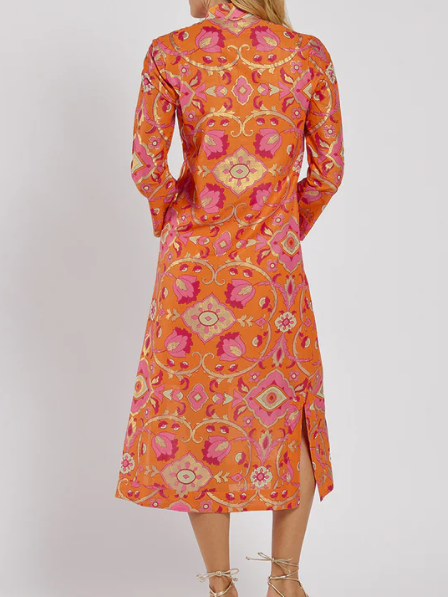 The Hot Orange Printed Midi Dress