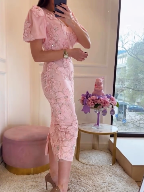 V Neck Embroidered Flowers Bodycon Midi Dress