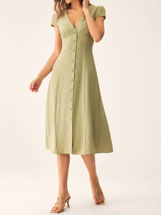 Green V-Neck Button Midi Dress
