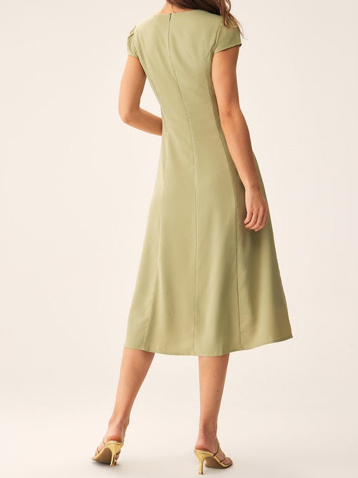 Green V-Neck Button Midi Dress
