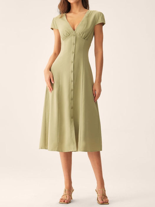 Green V-Neck Button Midi Dress