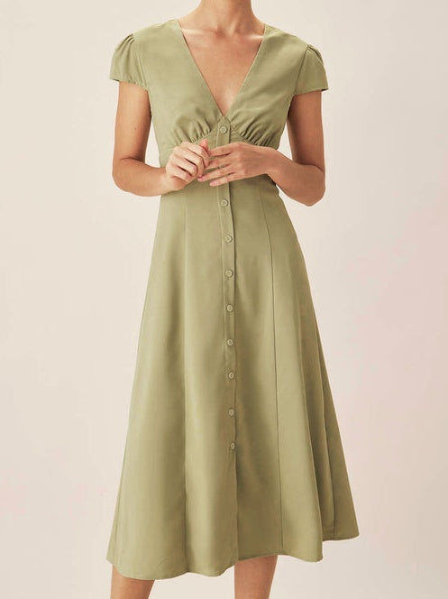 Green V-Neck Button Midi Dress