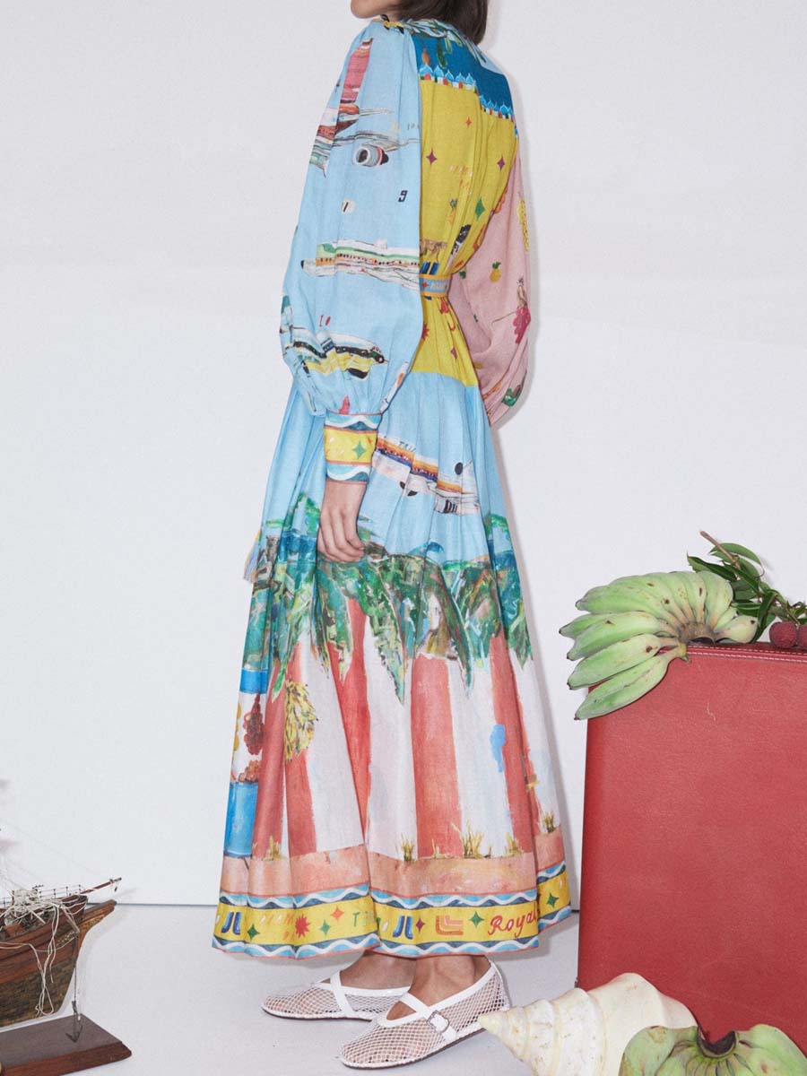 Printed Lantern Sleeve Long Sleeve Dress