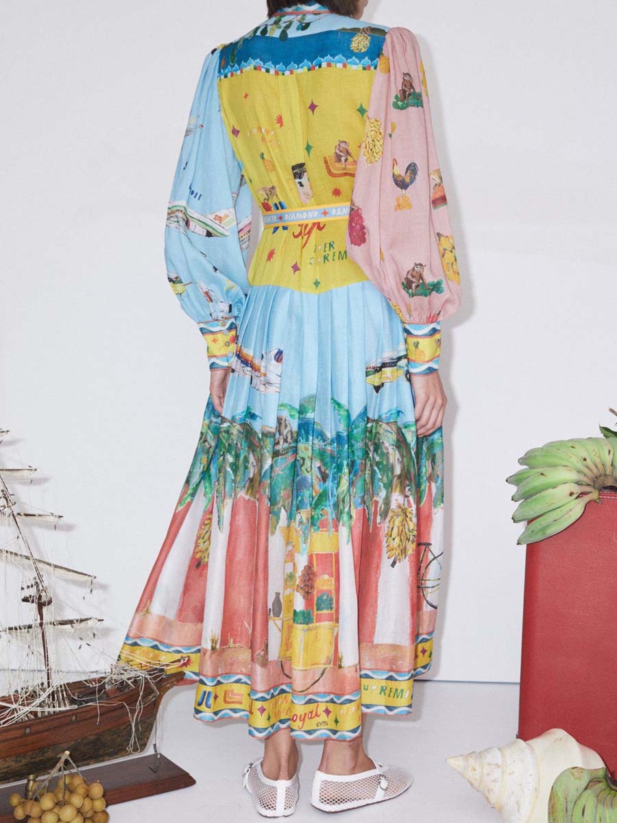 Printed Lantern Sleeve Long Sleeve Dress