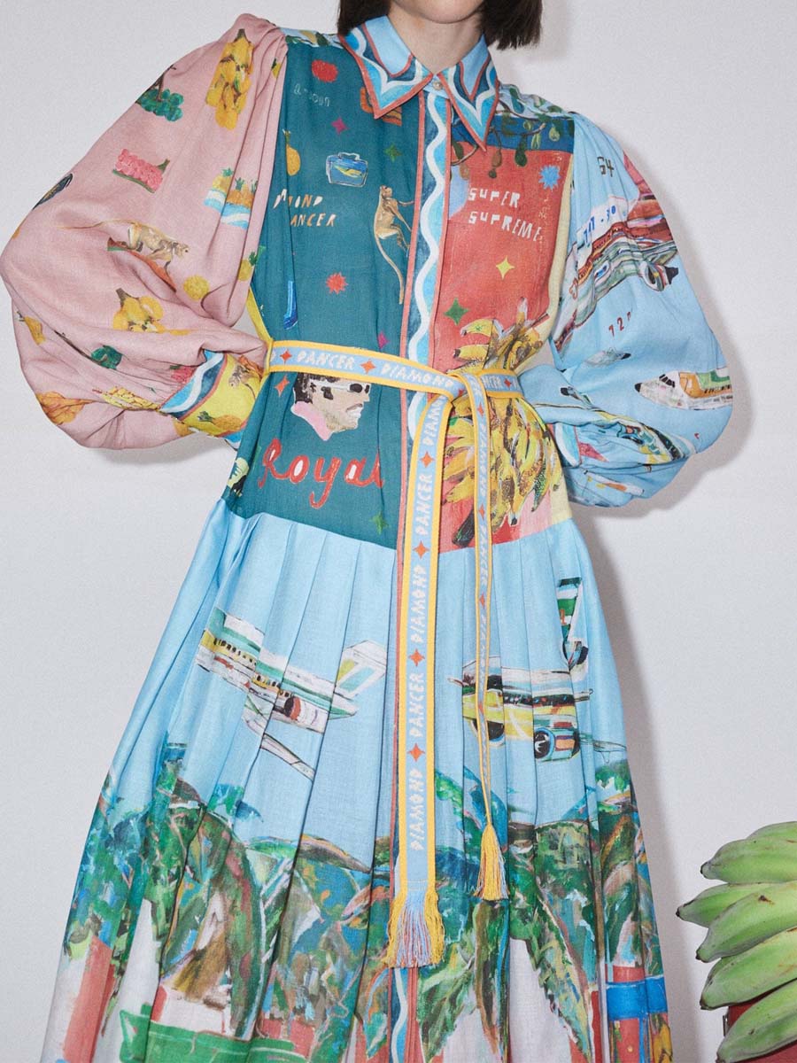 Printed Lantern Sleeve Long Sleeve Dress