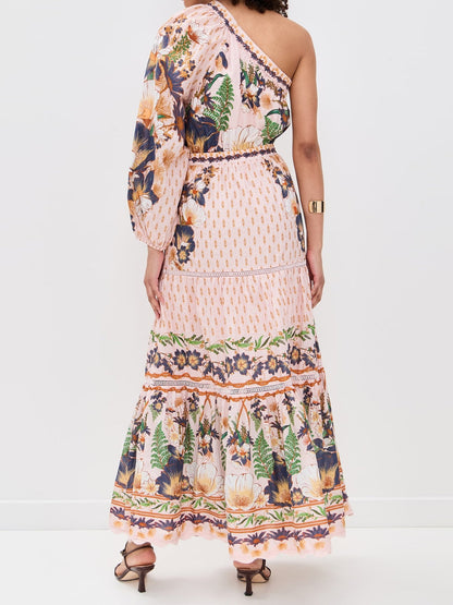 One-shoulder Drawstring Waist Printed Maxi Dress