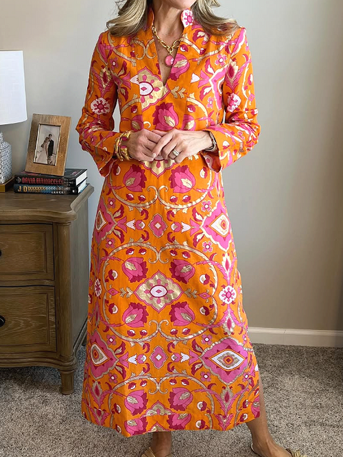 The Hot Orange Printed Midi Dress