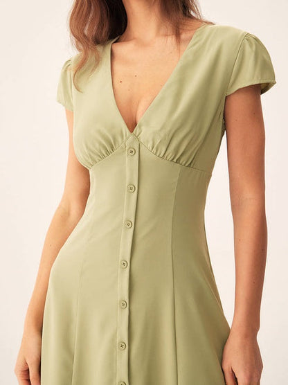 Green V-Neck Button Midi Dress