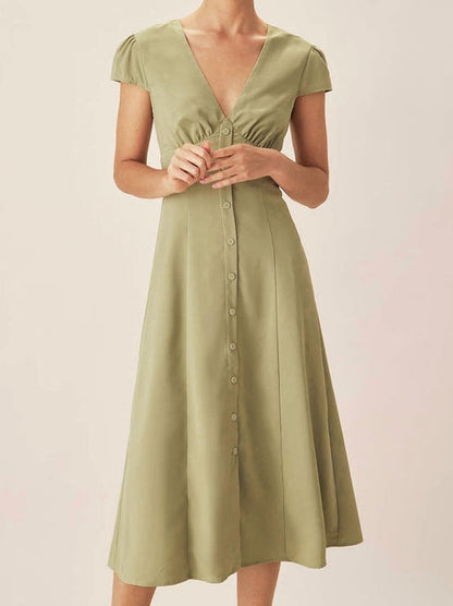 Green V-Neck Button Midi Dress
