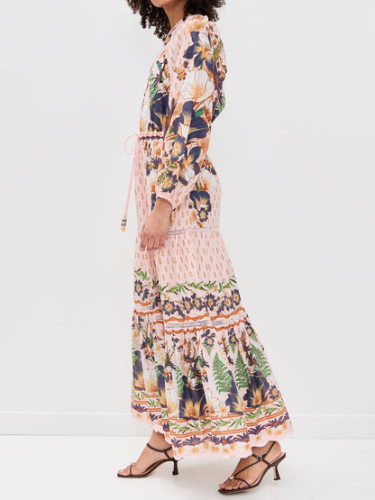 One-shoulder Drawstring Waist Printed Maxi Dress