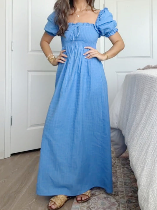 Puff Sleeves And Lace At The Neckline Maxi Dress