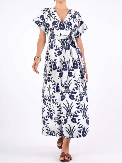 Printed V-neck Belted Maxi Dress