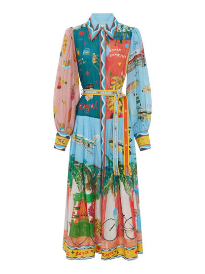 Printed Lantern Sleeve Long Sleeve Dress